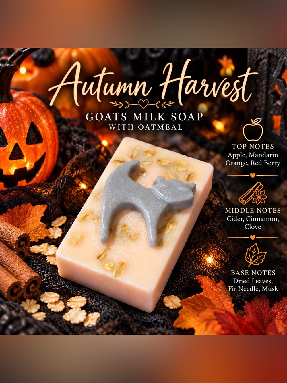 Autumn Harvest Scented Goats Milk Soap w/Oatmeal & Black Cat Soap Topper